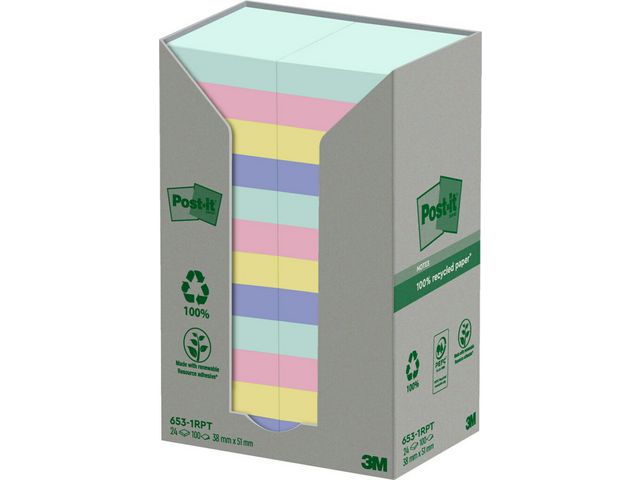 Notisblock Post-it 100% Recycled Sort Färger 38x51mm 24block