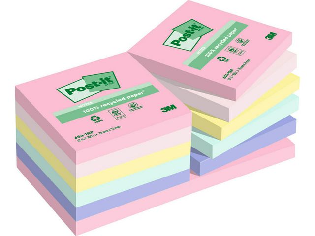 Notisblock Post-it 100% Recycled Sort Färger 76x76mm 12block