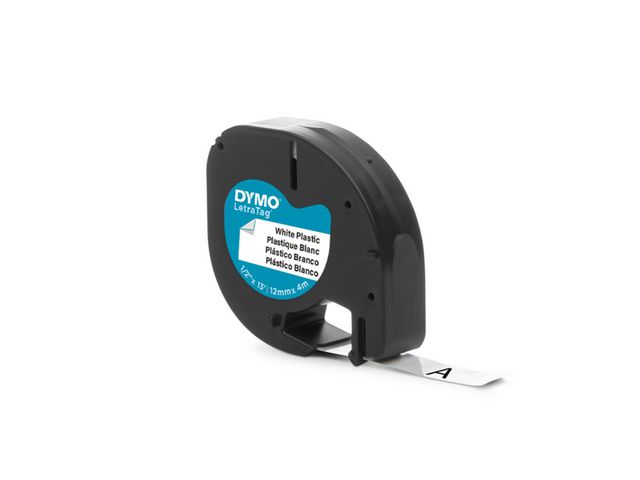 Tape Dymo Letratag Plast Svart på Vit 12mm