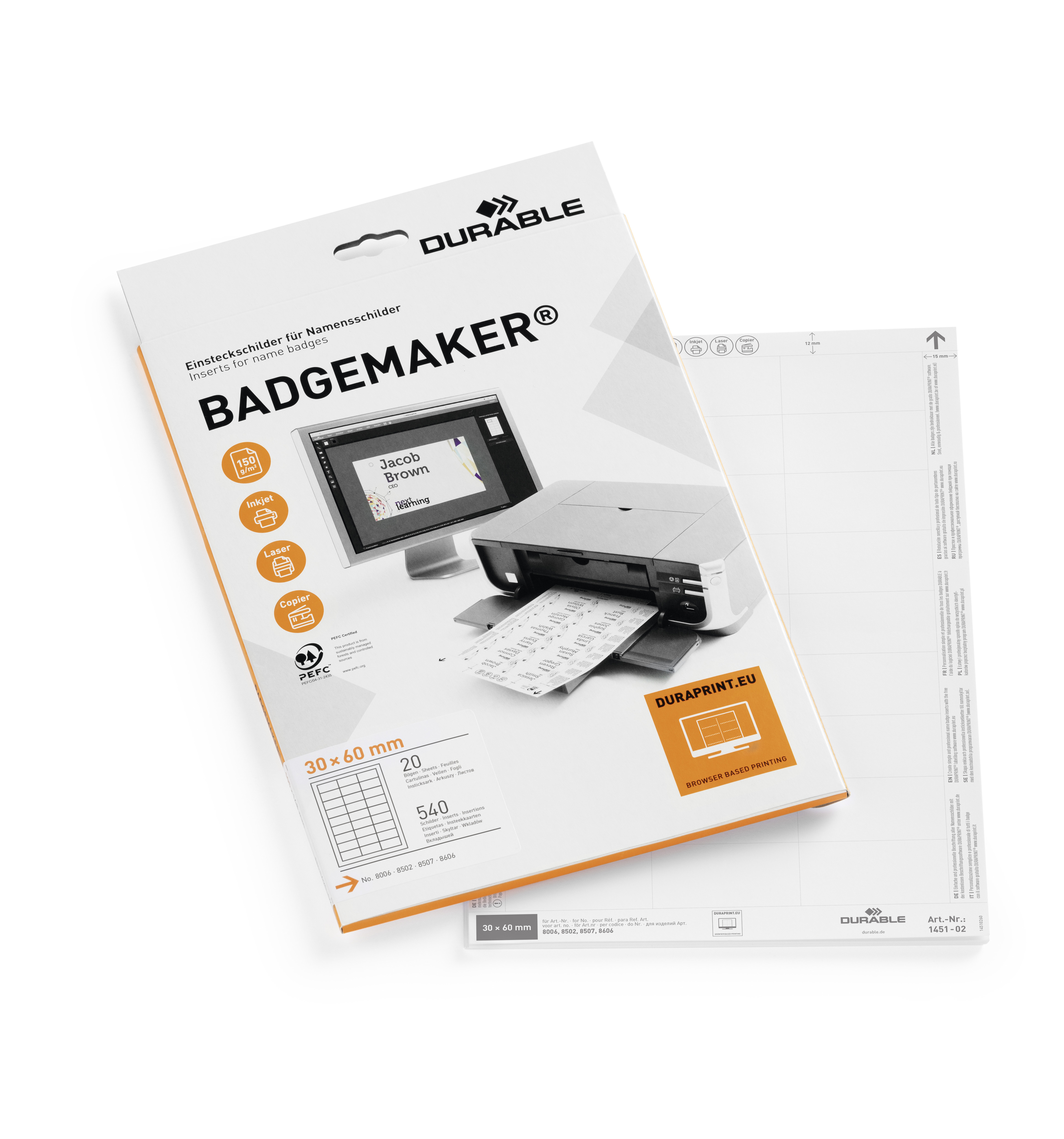 Etiketter Durable Badgemaker till Namnskylt Vit 30x60mm på A4-ark 540st