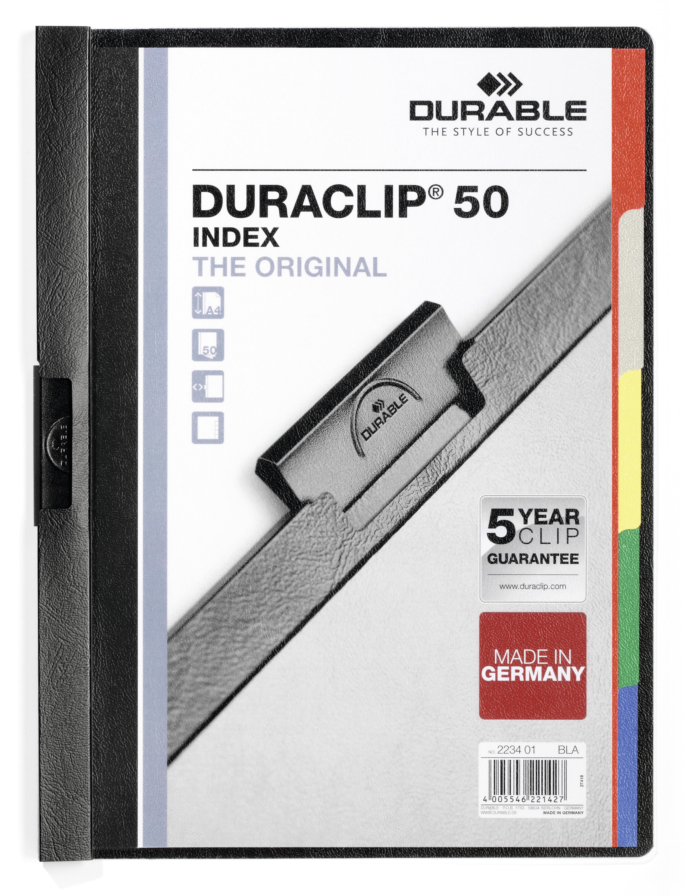 Klämmapp Durable Duraclip Index Svart A4 till 50 ark