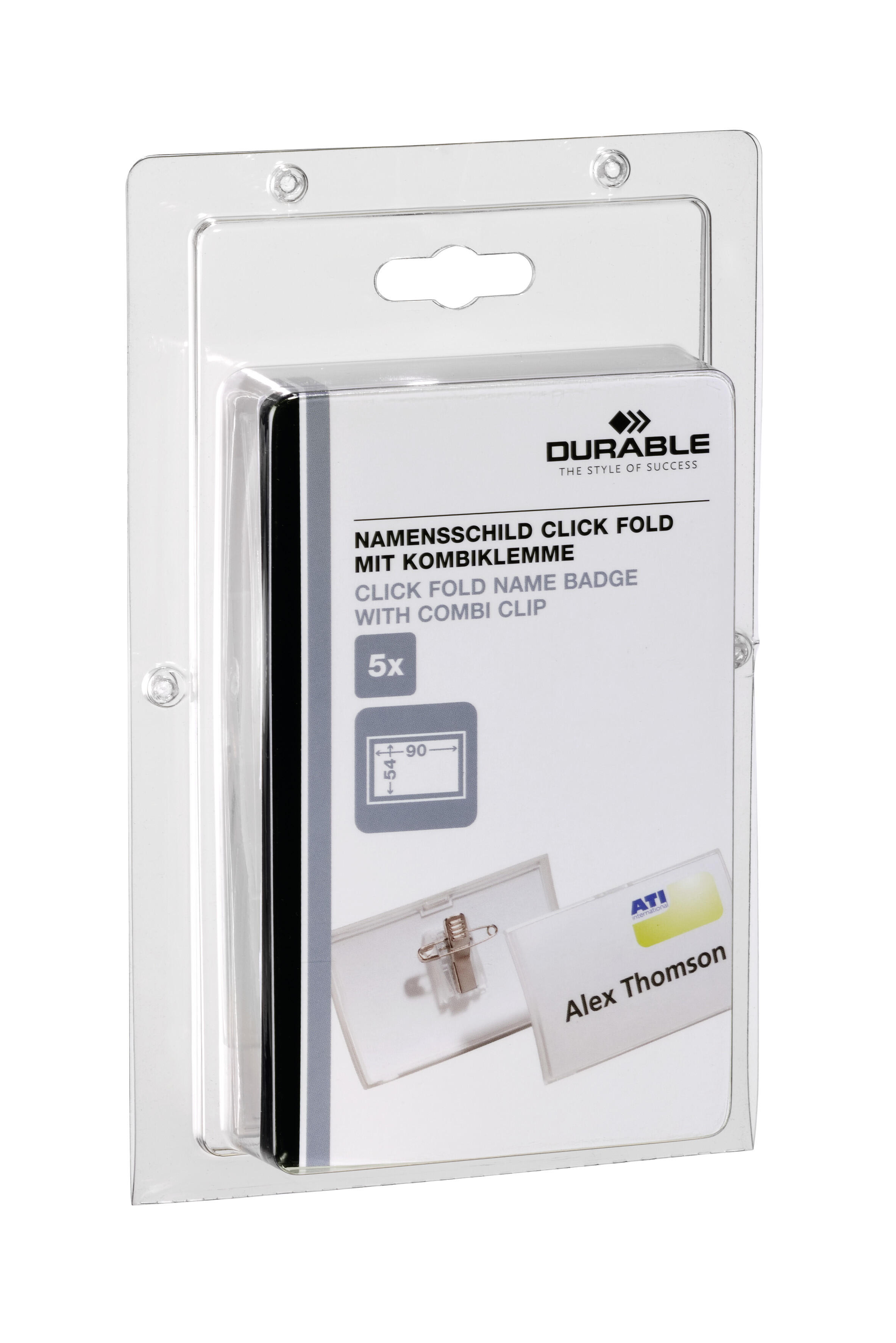 Namnskylt Durable Click Fold med Nål/Klämma Transparent 54x90mm 5st