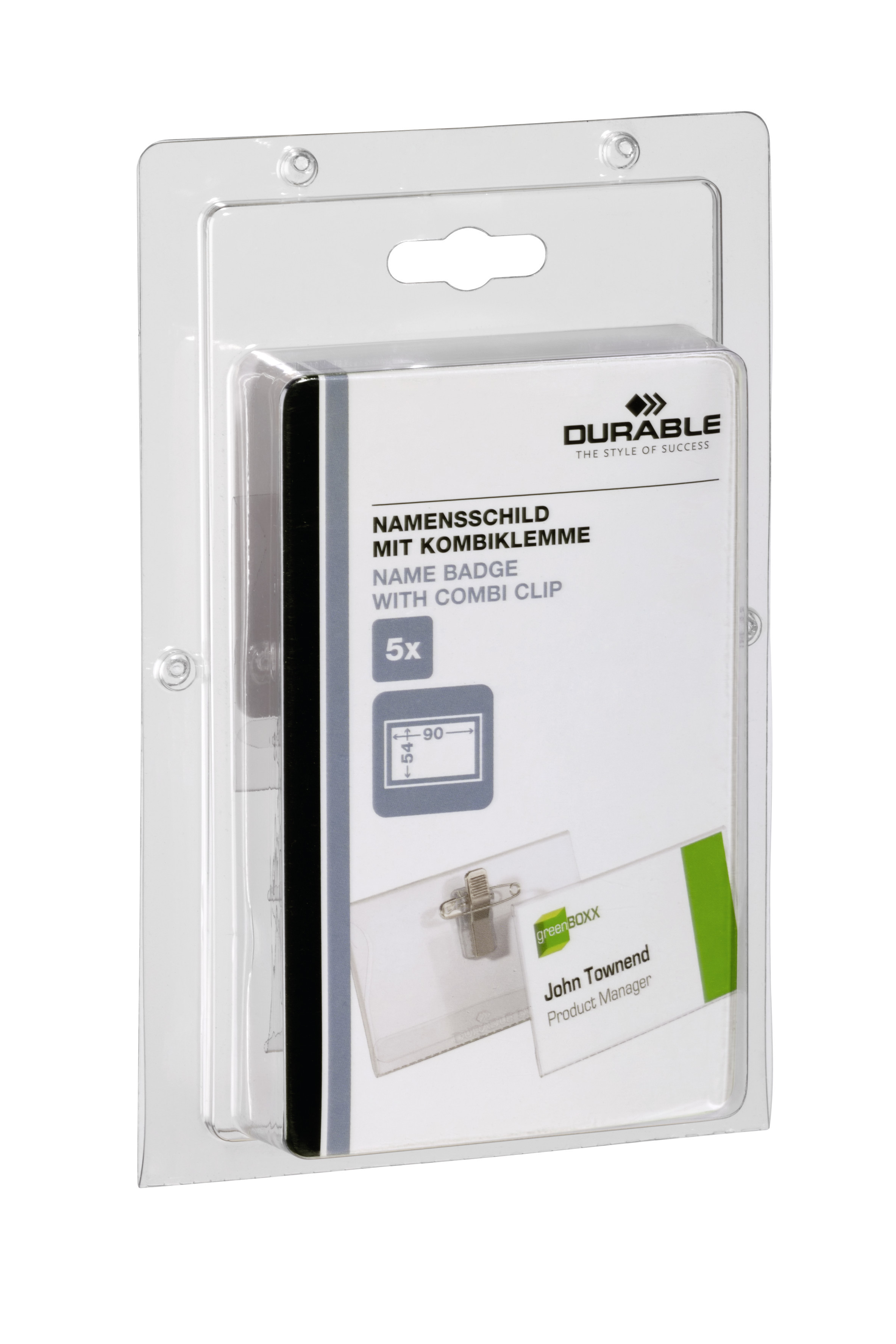 Namnskylt Durable med Nål/Klämfäste Transparent 54x90mm 5st