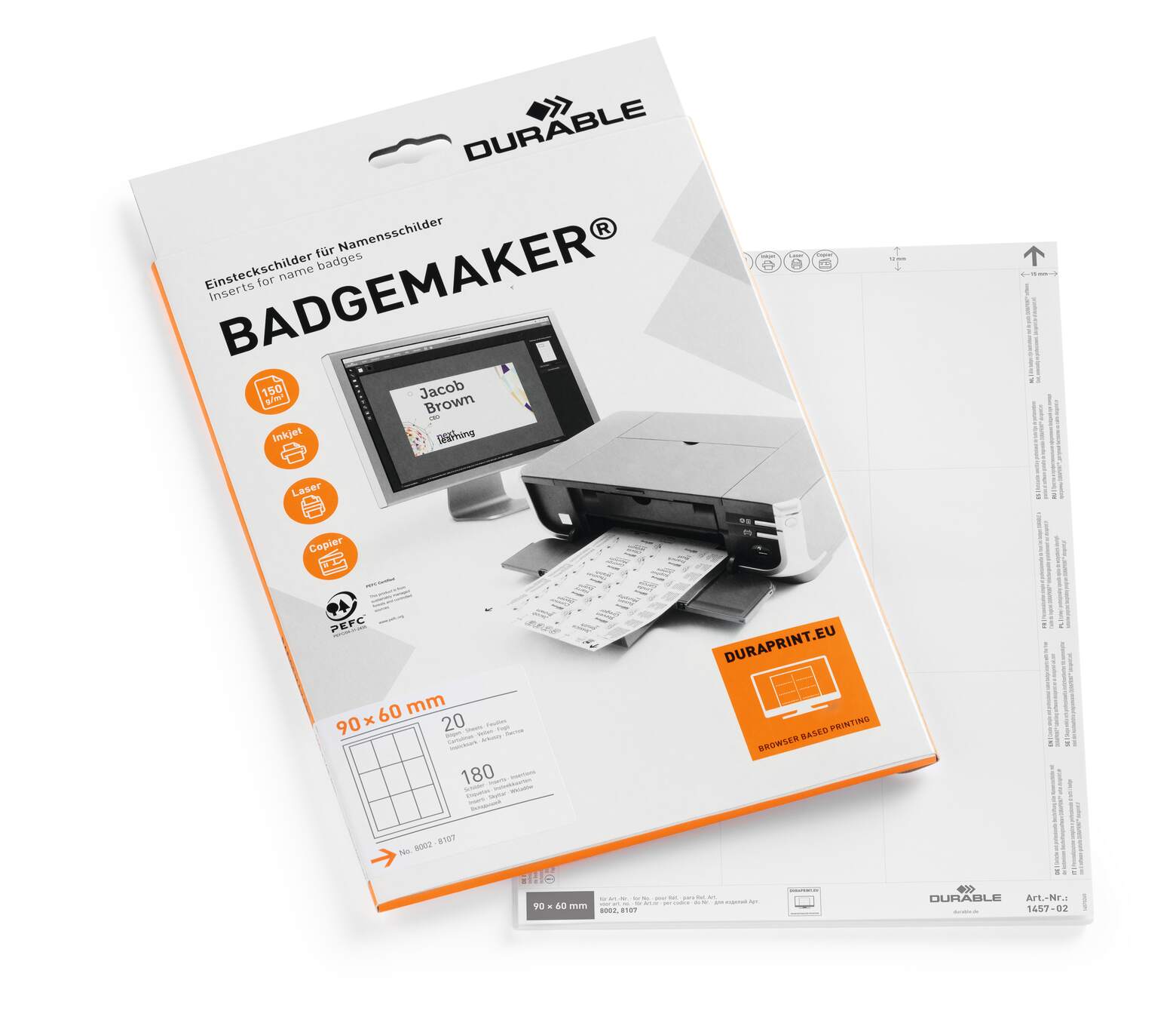 Etiketter Durable Badgemaker till Bordsskylt Vit 52x100mm på A4-ark 20st