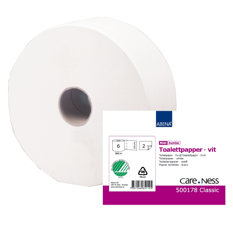Toalettpapper Abena Jumbo Midi Care-Ness Classic 2-lag Vit 380m 6rl