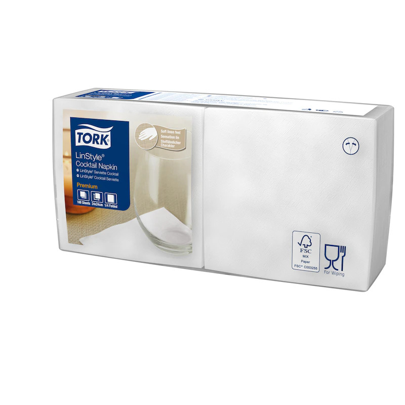 Servett Tork Cocktail LinStyl 1-Lag Vit 23x23cm 100st
