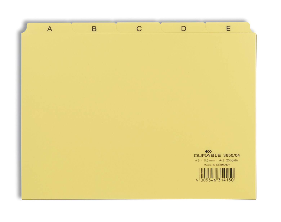 Ledkort Durable Delning 5/5 A-Z Tryckta PP Gul A5