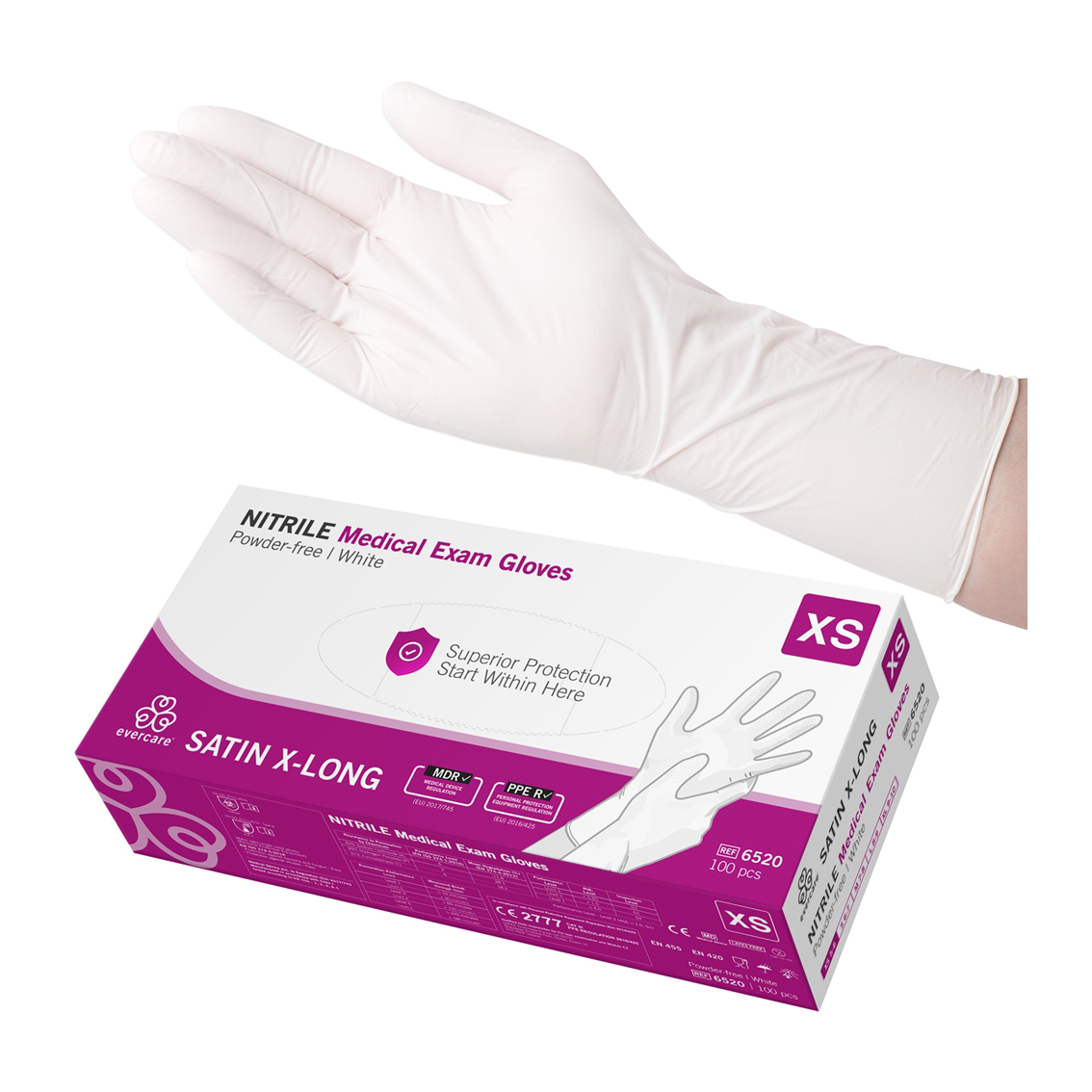 Handske Evercare Nitrile Satin X-Long Vit AQL 1,0 XS 100st