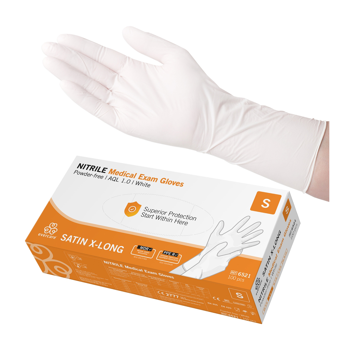 Handske Evercare Nitrile Satin X-Long Vit AQL 1,0 S 100st