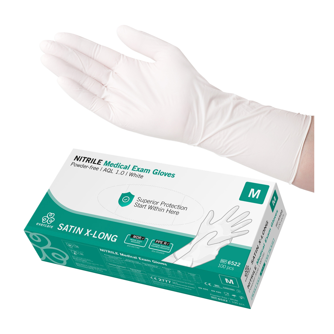 Handske Evercare Nitrile Satin X-Long Vit AQL 1,0 M 100st