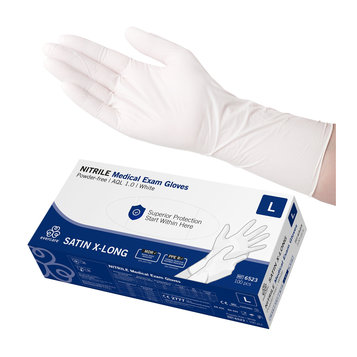 Handske Evercare Nitrile Satin X-Long Vit AQL 1,0 L 100st