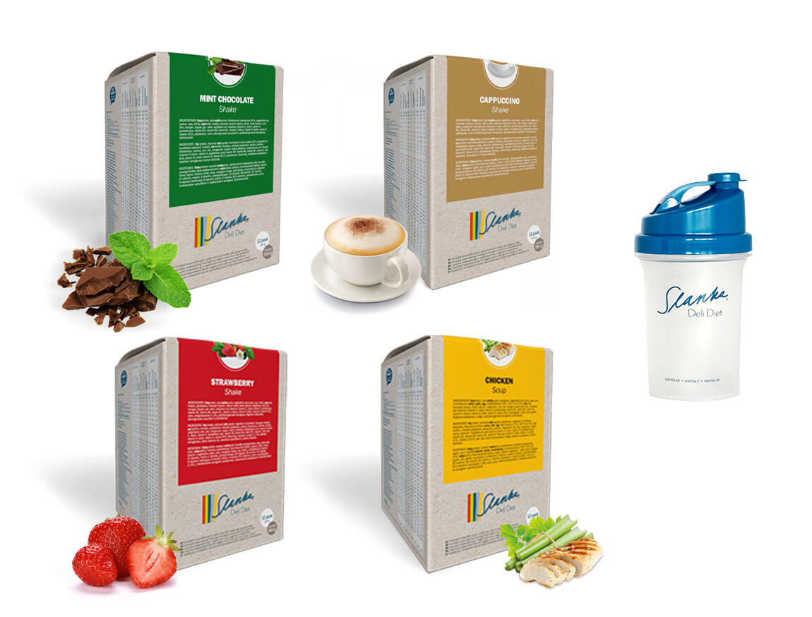 Startpaket Slanka Shake Mintchoklad, Cappuccino, Jordgubb, Kyckling 48 VLCD + 1 blå Shaker Startpaket Slanka Shake Mintchoklad, Cappuccino, Jordgubb, Kyckling 48 VLCD + 1 blå Shaker