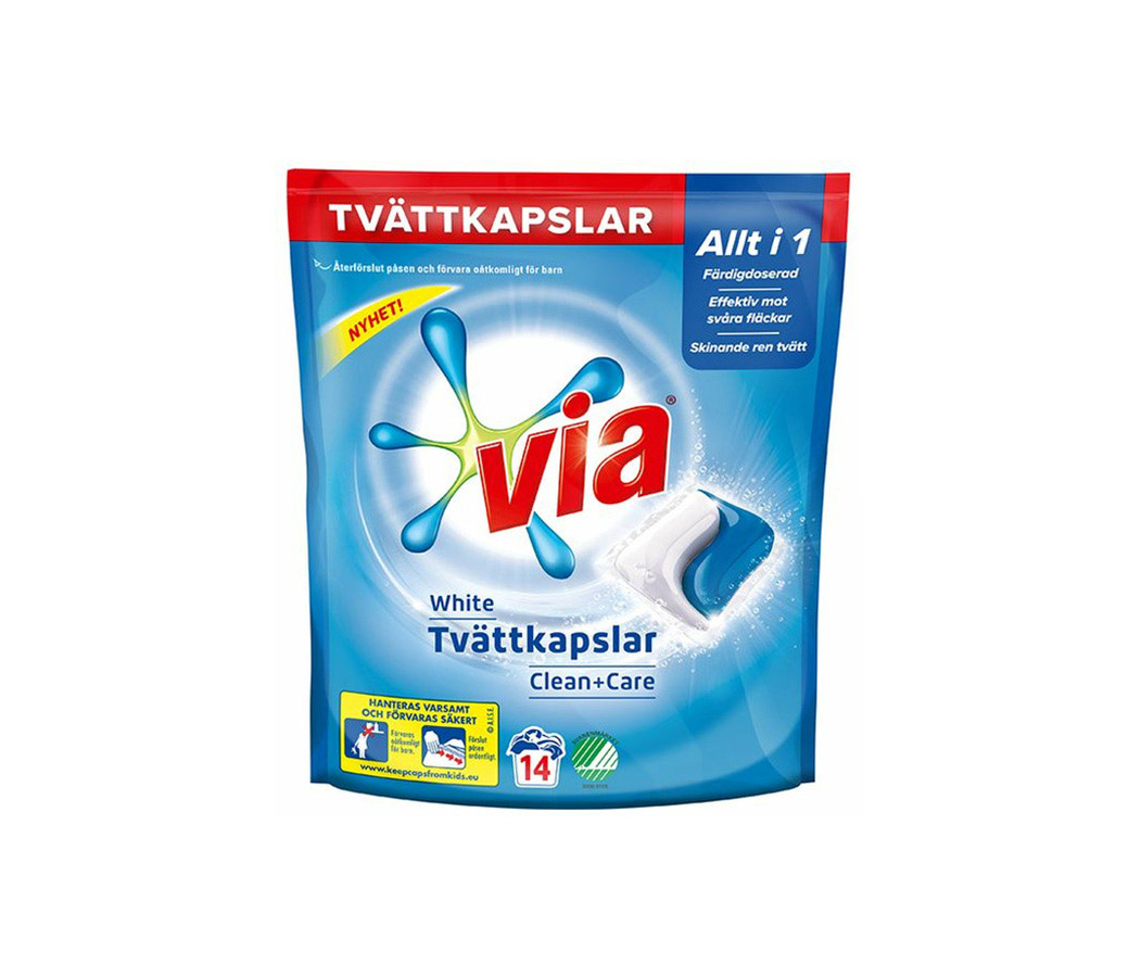 Tvättmedelkapslar Via Clean+Care Vit 14st