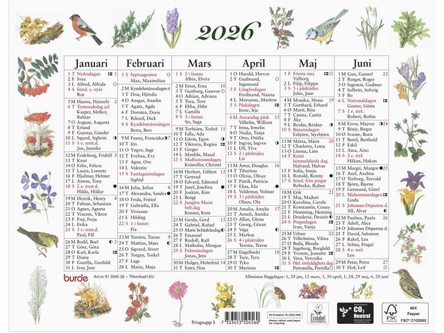 Väggkalender Burde Lilla Naturalmanackan 2026