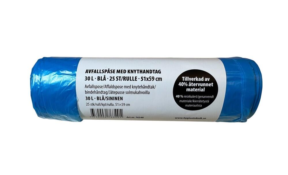 Avfallspåse HT med knythandtag 30L Blå 25st/rl