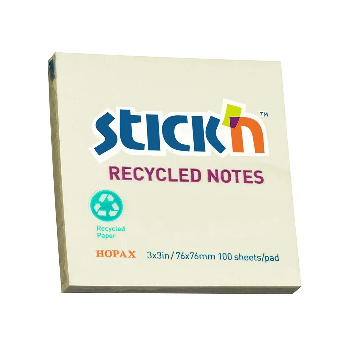 Notisblock Stick´n 100% Recycled Gul 76x76mm 100 Blad 12st