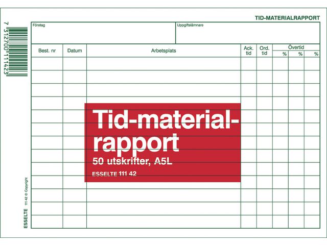 Blankett Esselte Tid- och Materialrapport A5L