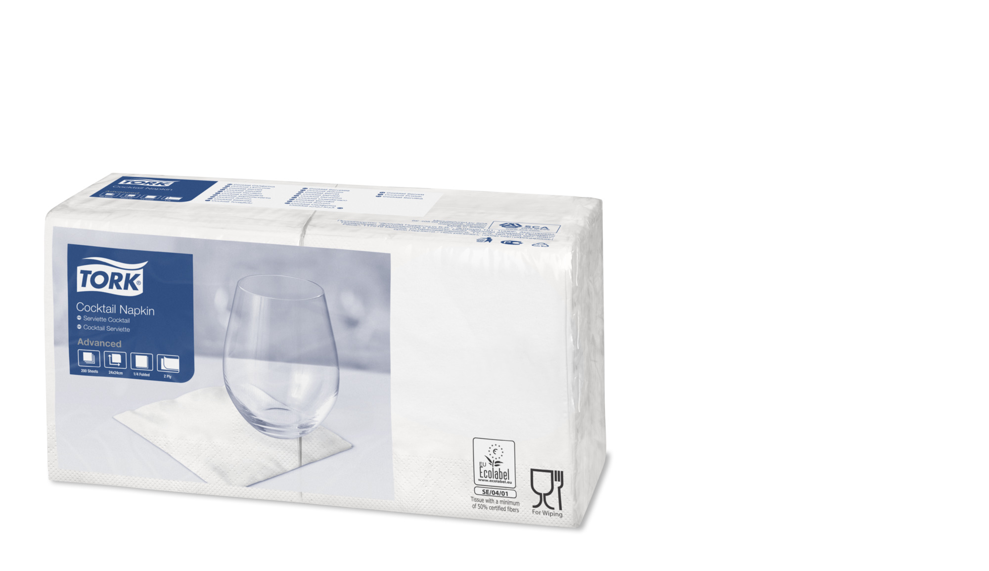 Servett Tork 2-Lagers Cocktail Vit 24x24cm 200st